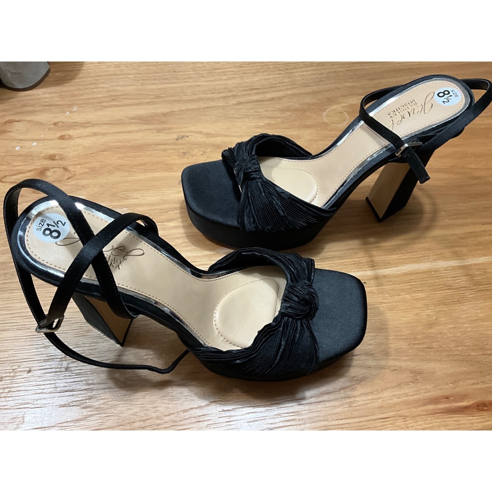 Jewel Badgley Mischka Black Satin Platform Block Heel Sandals Square Toe 8.5